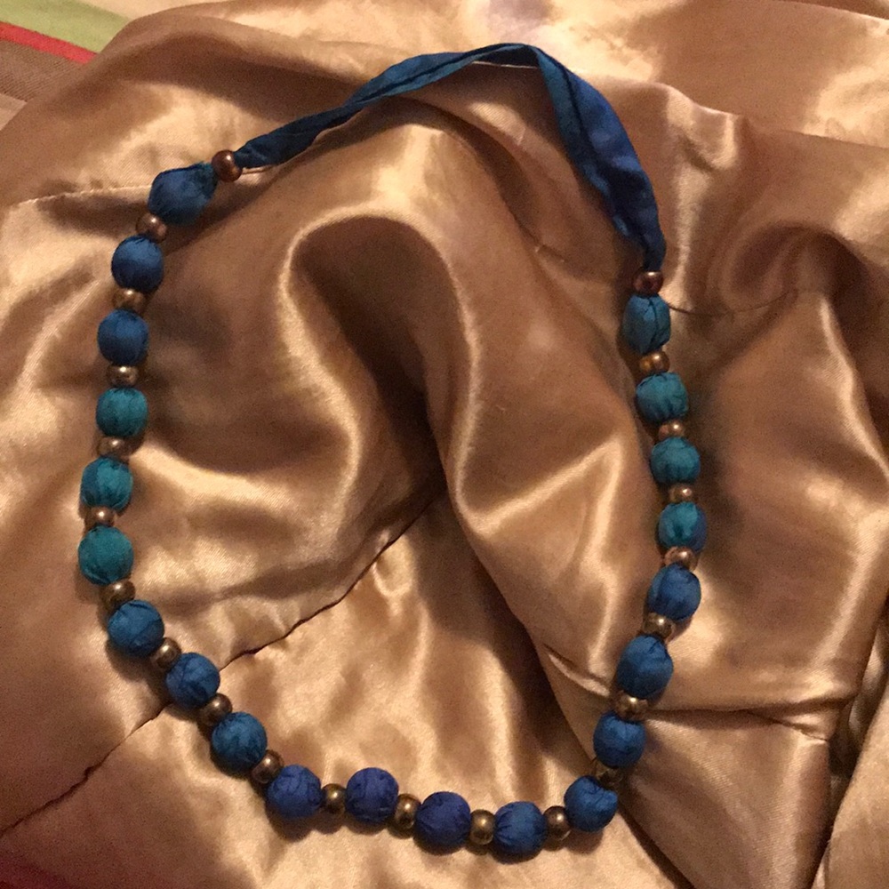 Blue fabric gold accent necklace